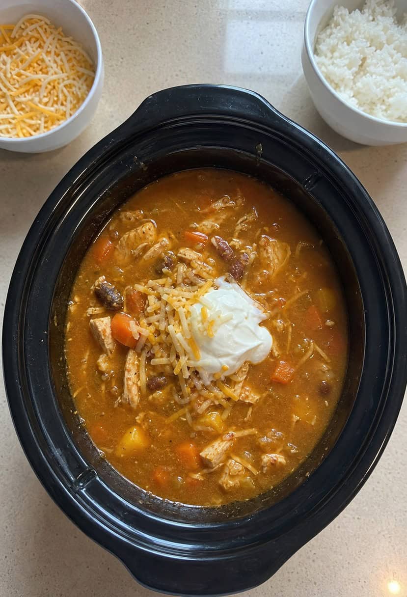 A crockpot filled with bubbling chicken chili, surrounded by colorful ingredients and spices