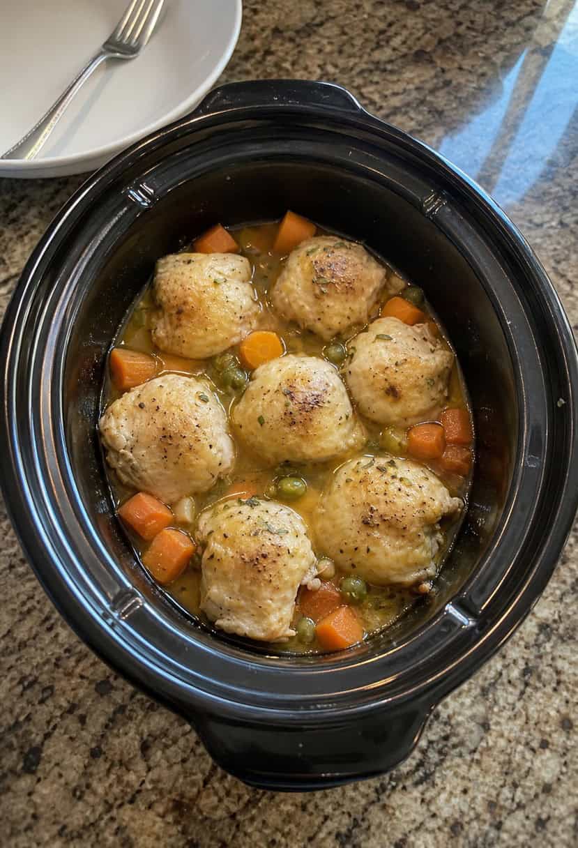 A crockpot filled with savory Chicken Cobbler, surrounded by fresh vegetables and herbs on a rustic kitchen counter