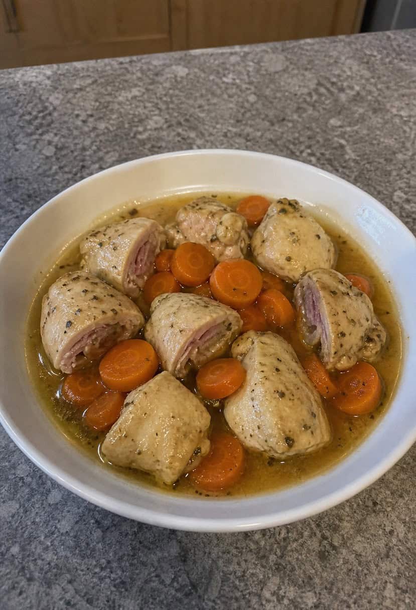 A crockpot filled with Chicken Cordon Bleu ingredients simmering on a kitchen counter