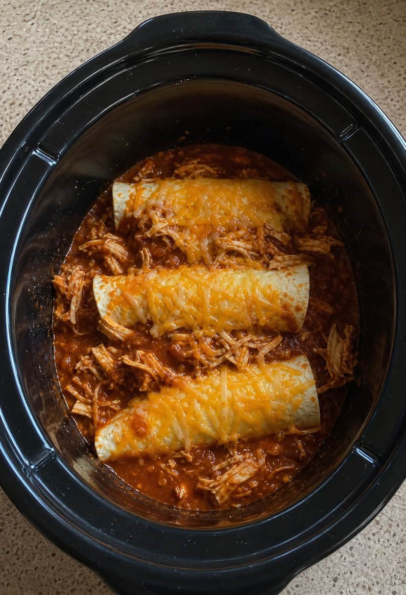 A bubbling crockpot filled with layers of tortillas, shredded chicken, cheese, and enchilada sauce. A tantalizing aroma fills the kitchen