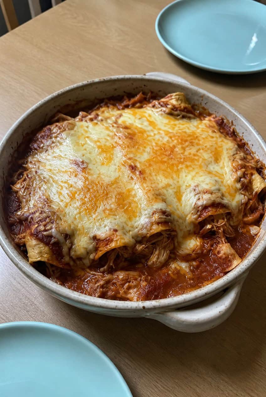 A just-baked chicken enchilada casserole with bubbling melted cheese and scattered fresh cilantro on top, set on a wooden table next to a small bowl of red salsa and a halved lime.