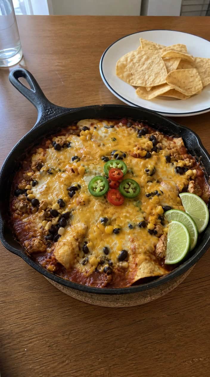 A skillet filled with cooked ground chicken enchiladas topped with melted cheese and black beans, garnished with cilantro and lime wedges on a wooden table.