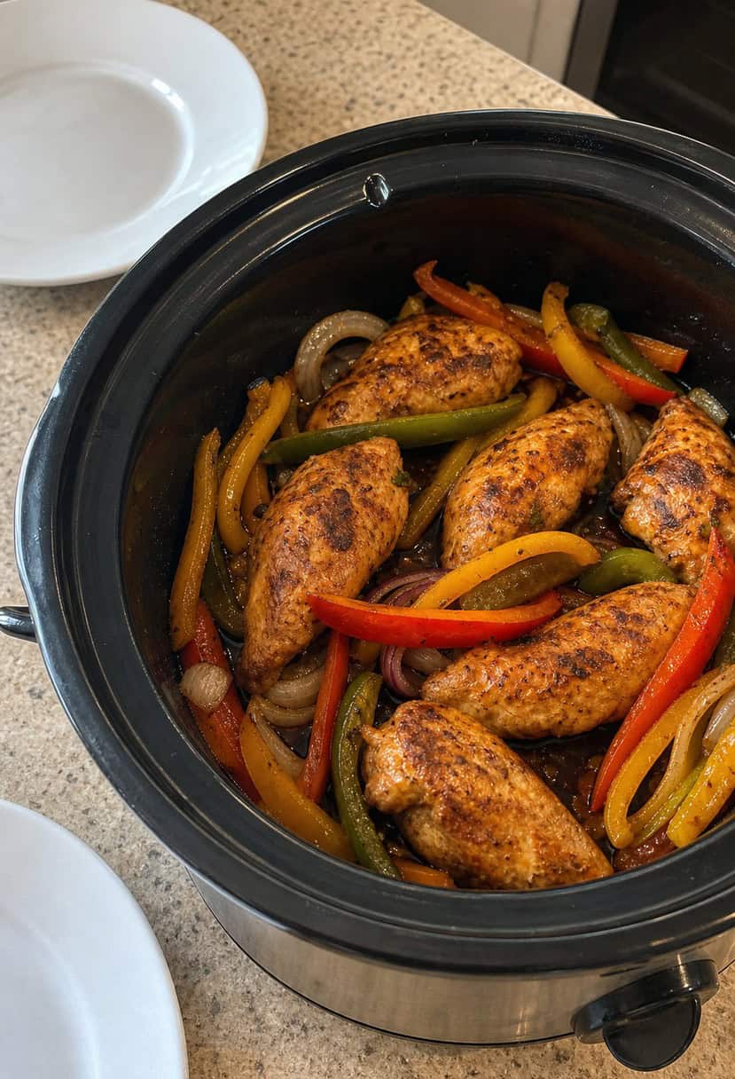 A crockpot filled with sizzling chicken fajitas, surrounded by colorful peppers and onions, with a tantalizing aroma wafting through the kitchen