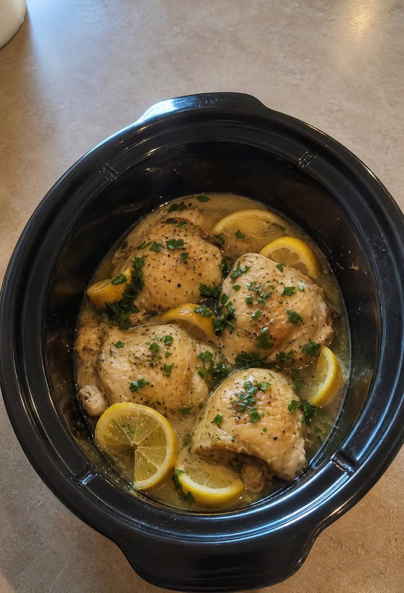A crockpot simmering with Chicken Francese, surrounded by fresh lemons, herbs, and a bottle of white wine