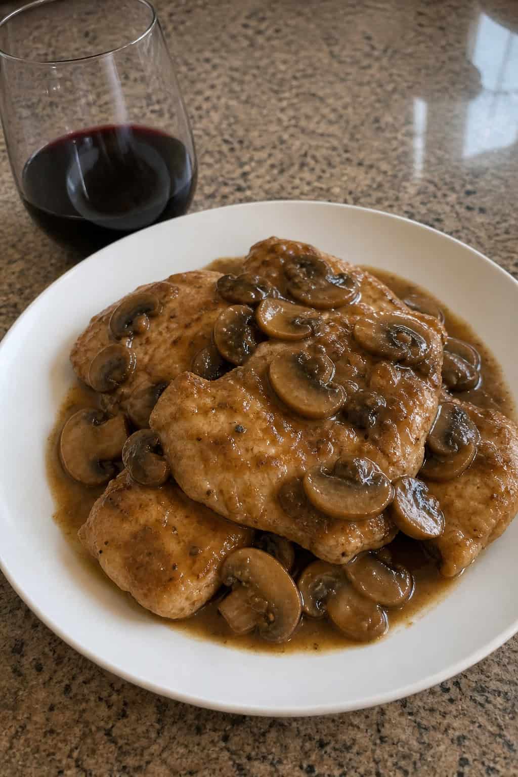 A plate of Chicken Marsala with mushrooms garnished with parsley on a wooden table.