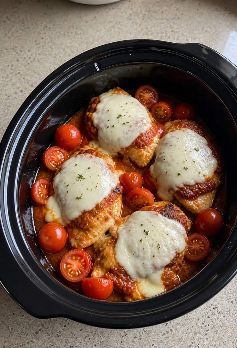 A crockpot filled with chicken parmesan surrounded by fresh tomatoes, basil, and melted cheese