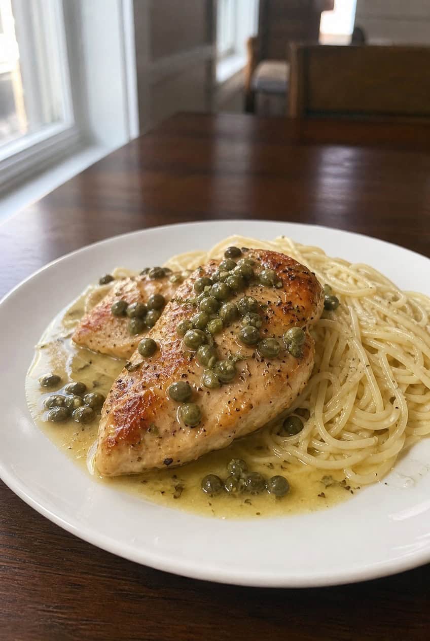 A white plate with four thin-sliced chicken piccata cutlets topped with a translucent lemon butter sauce and scattered green capers, photographed on a wooden table.