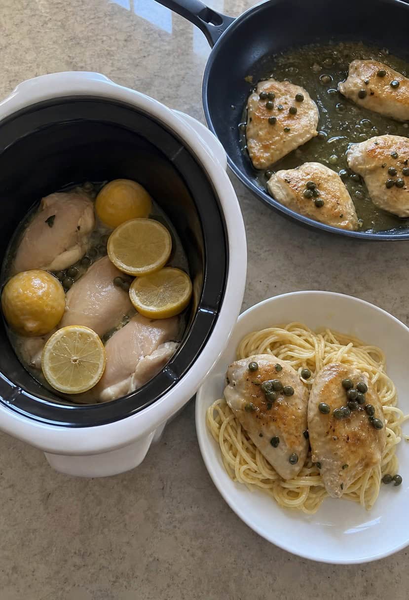 A crockpot surrounded by fresh lemons, capers, and raw chicken breasts, with a skillet and a plate of cooked chicken piccata nearby