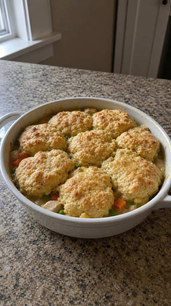 A ceramic baking dish with chicken pot pie filling topped with biscuit dough on a wooden countertop surrounded by fresh vegetables and herbs.