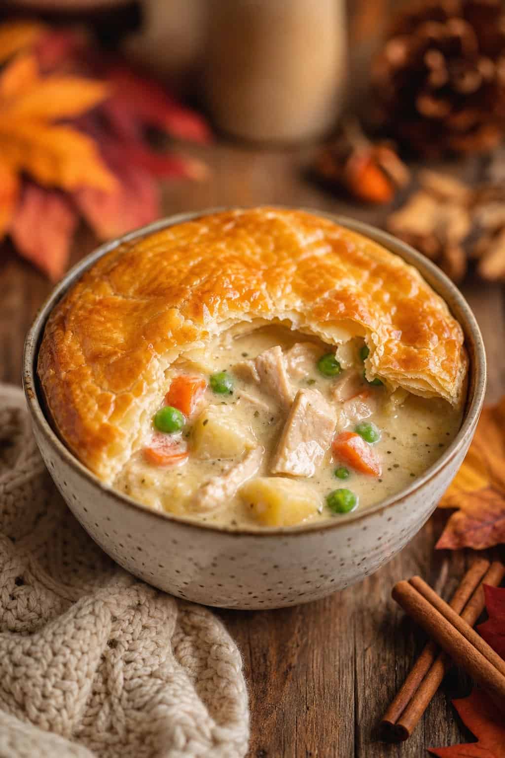 A bowl of chicken pot pie soup with a golden puff pastry crust on a wooden table surrounded by autumn leaves and cozy decorations.