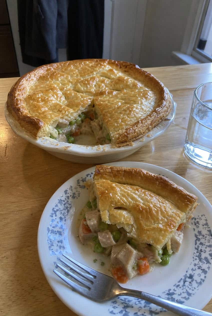 A deep golden-brown chicken pot pie with a flaky puff pastry crust, partially sliced to reveal a creamy vegetable and chicken filling inside, set on a wooden table with a serving plate and fresh vegetables in the background.