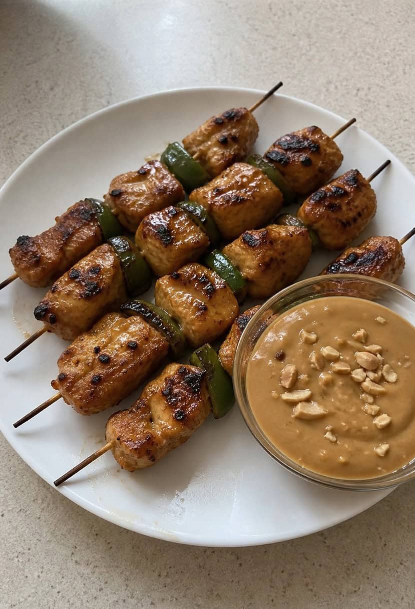 A plate of chicken satay skewers with a side of peanut sauce, garnished with chopped peanuts and fresh cilantro on a wooden serving board