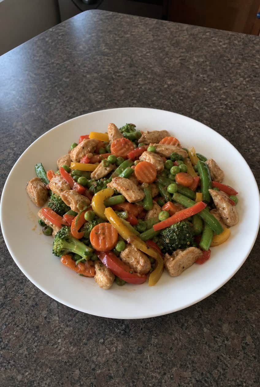 A white bowl of chicken stir-fry with broccoli, carrots, snap peas, and glossy soy sauce coating, served over steamed white rice on a wooden surface.