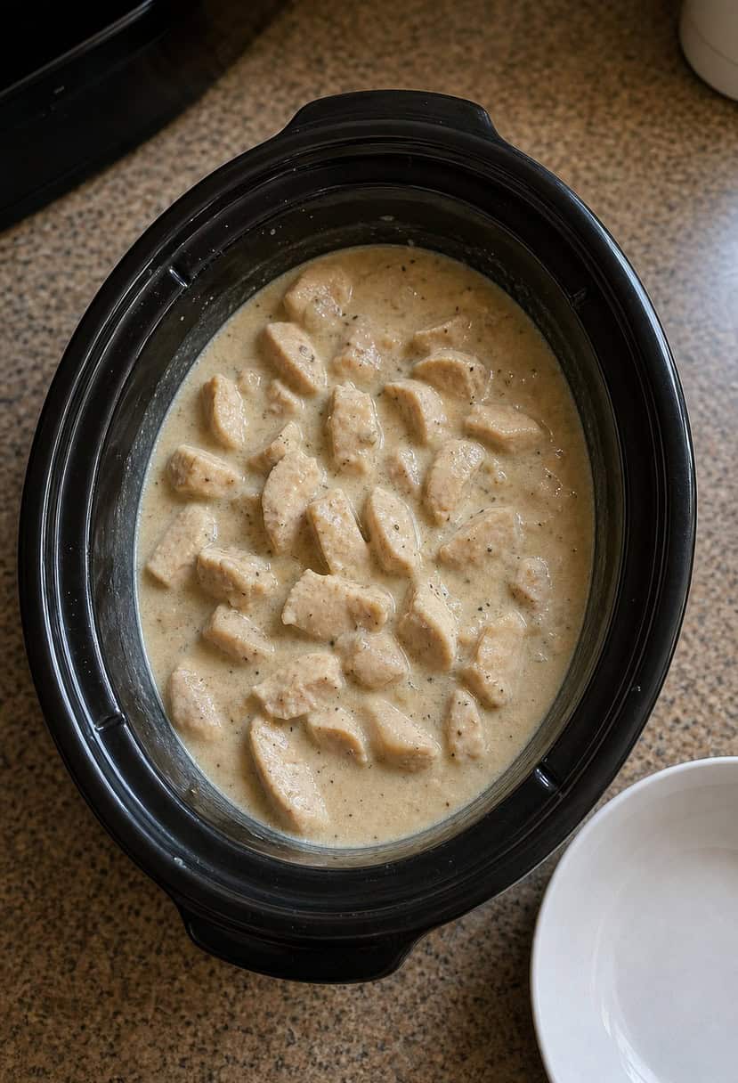 A crockpot simmering with creamy chicken stroganoff, surrounded by fresh herbs and spices on a rustic kitchen counter