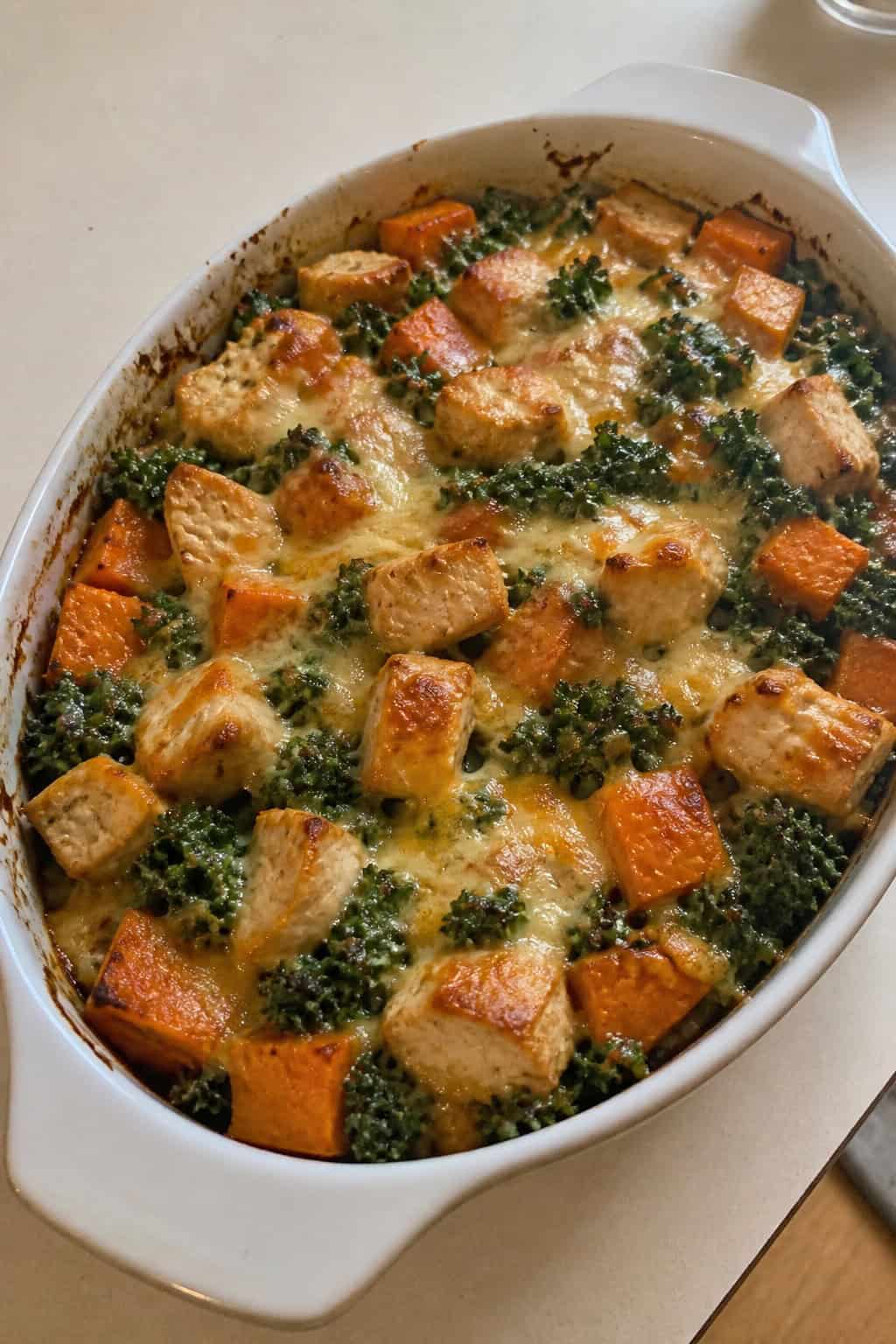 A baked chicken, sweet potato, and kale casserole with a golden cheddar topping in a ceramic dish on a wooden table with fresh kale leaves and diced sweet potato visible nearby.