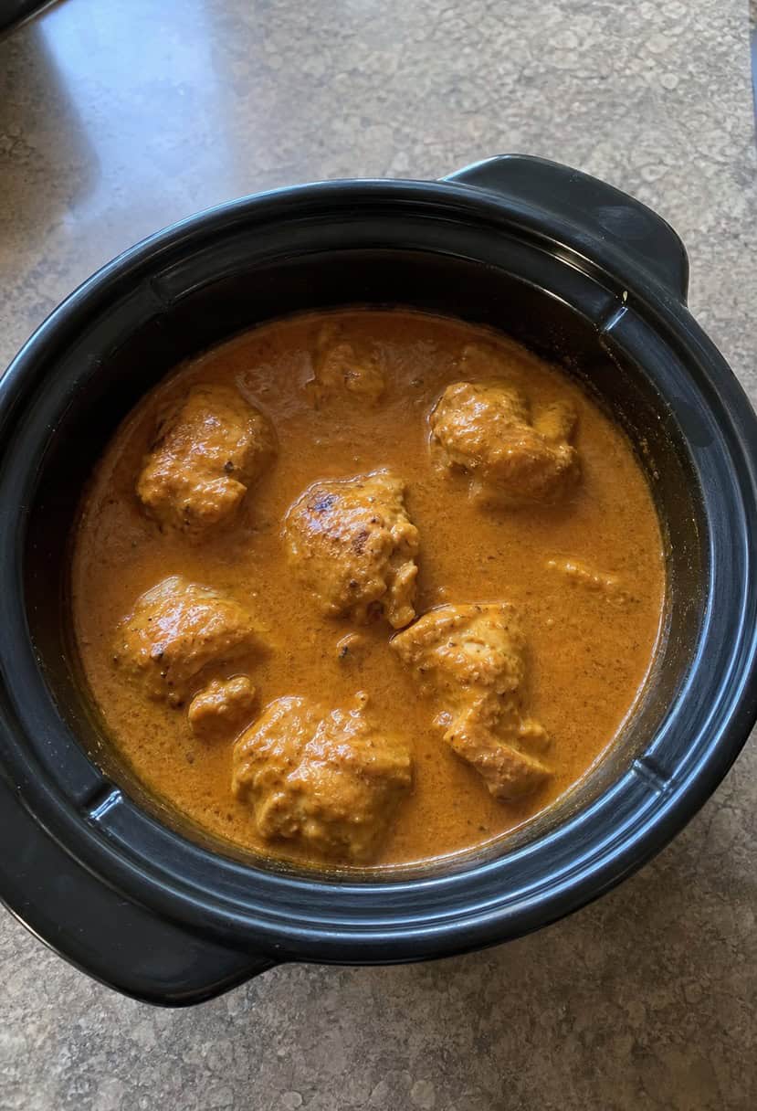 A crockpot filled with simmering Chicken Tikka Masala surrounded by colorful spices and herbs