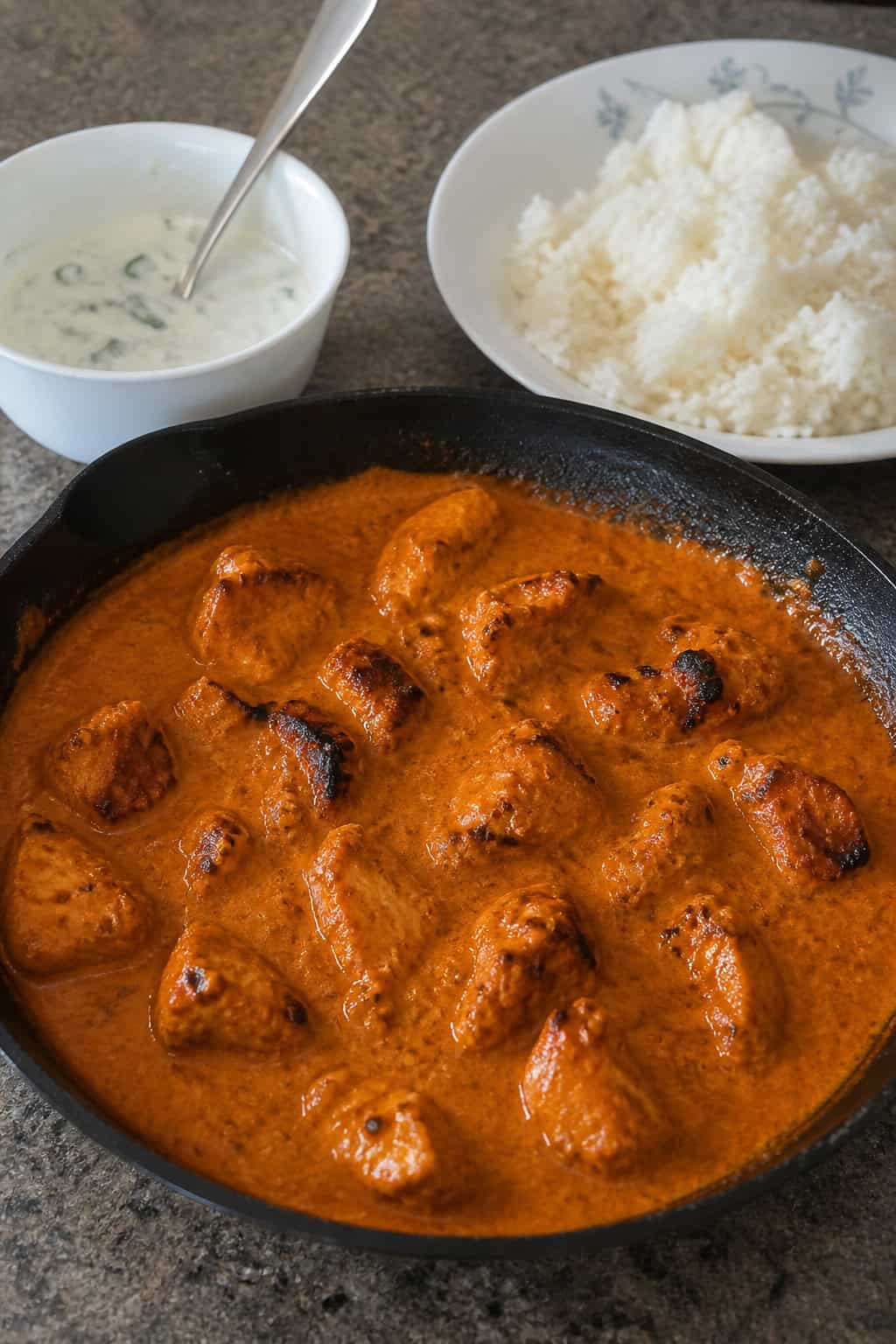 A large cast iron skillet filled with orange-red tikka masala sauce and shredded chicken, surrounded by a small bowl of rice, lemon wedges, and fresh herbs on a wooden table.