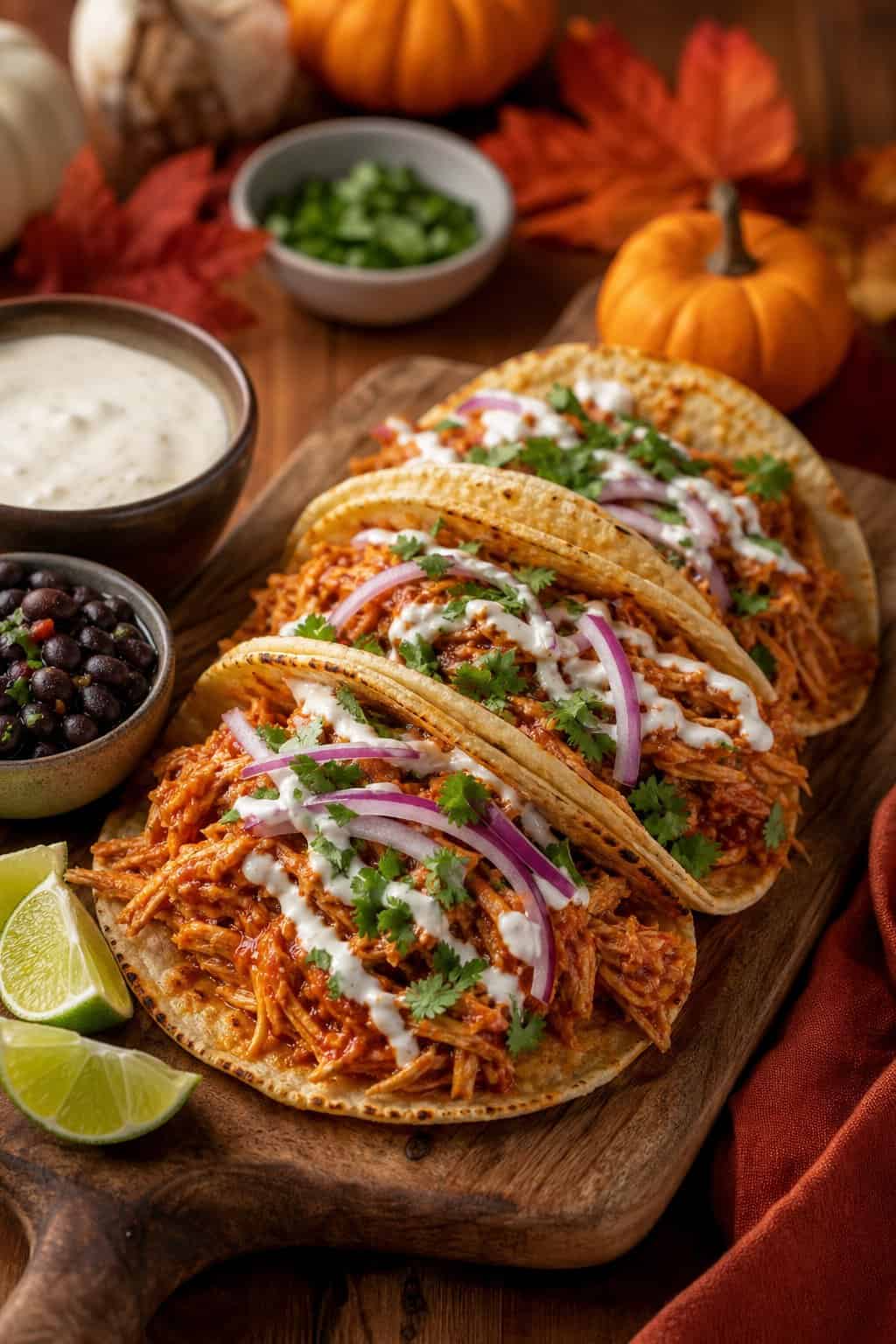 A close-up of chicken tinga tacos on a table with fall-themed decorations and side dishes.