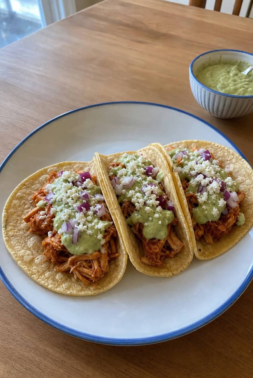 A ceramic plate holding three corn tortilla tacos filled with smoky chicken tinga, topped with a pale green avocado crema, fresh cilantro, and thinly sliced red onion, with lime wedges arranged alongside on a wooden table.