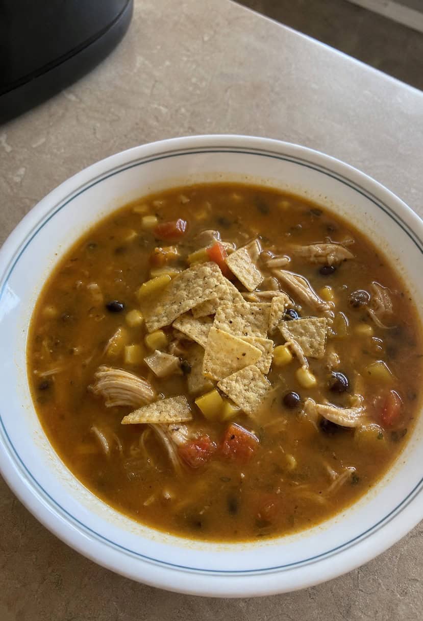 A steaming bowl of chicken tortilla soup surrounded by colorful ingredients in a crockpot