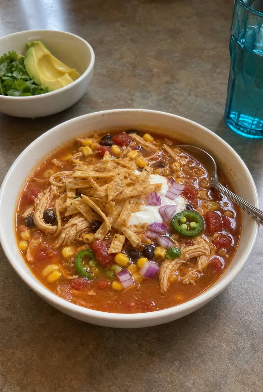 A wide bowl of chicken tortilla soup with shredded chicken, black beans, and corn in a deep red broth, topped with crispy tortilla strips, fresh cilantro, and a lime wedge.