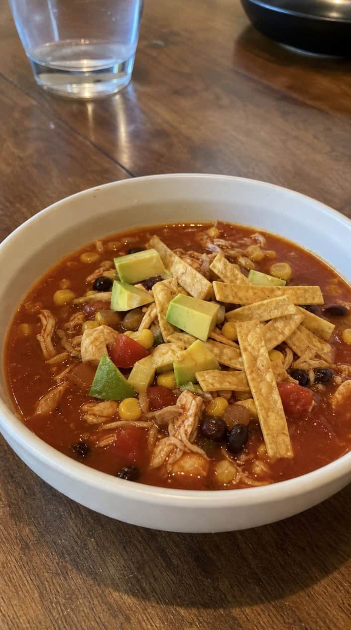 A bowl of chicken tortilla soup with shredded chicken, tortilla strips, avocado, and cilantro on a wooden table.