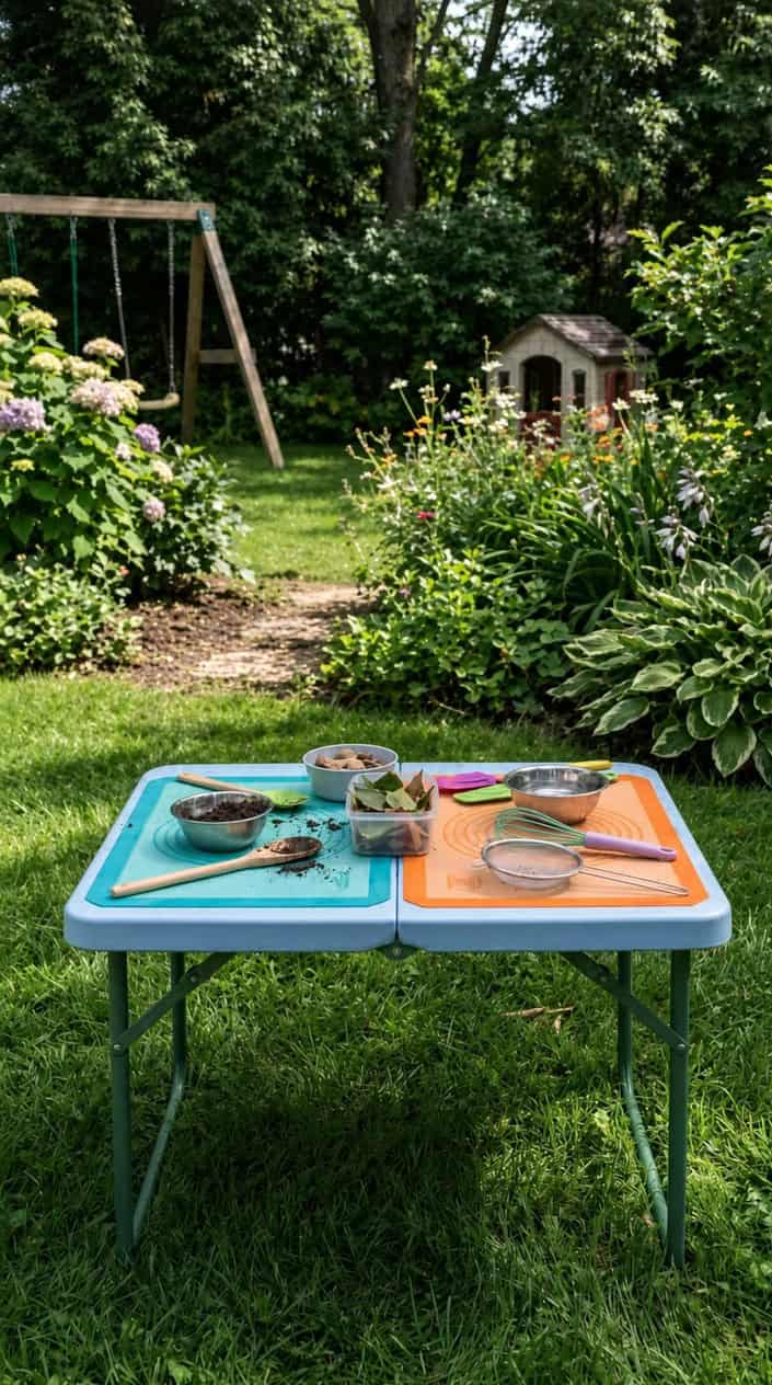 A child-size folding table outdoors with colorful silicone baking mats and kid-friendly mud kitchen tools on a grassy backyard.