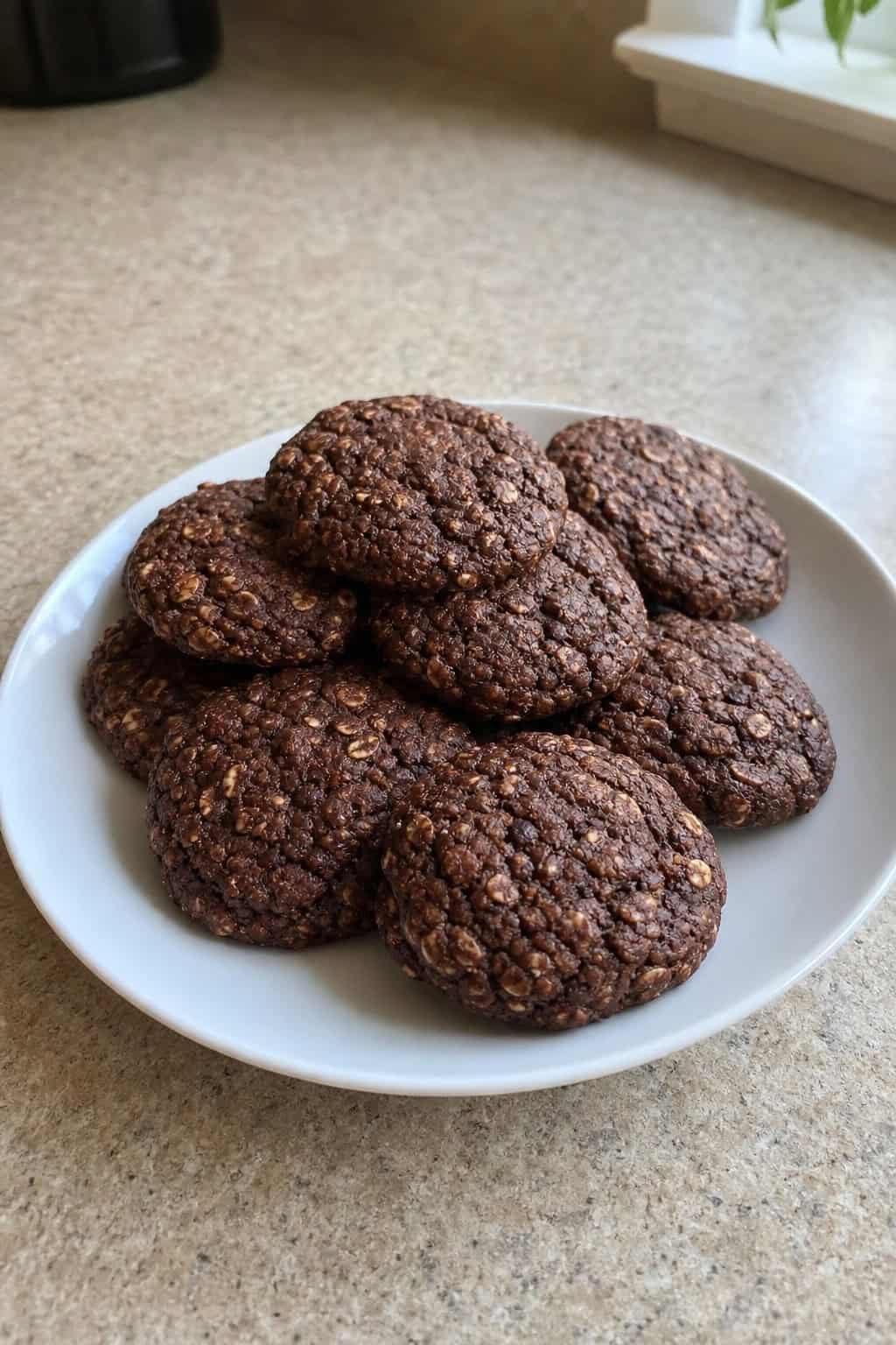 A stack of chili-cocoa oatmeal cookies on a wooden table with bowls of cocoa powder, chili flakes, and oats nearby.