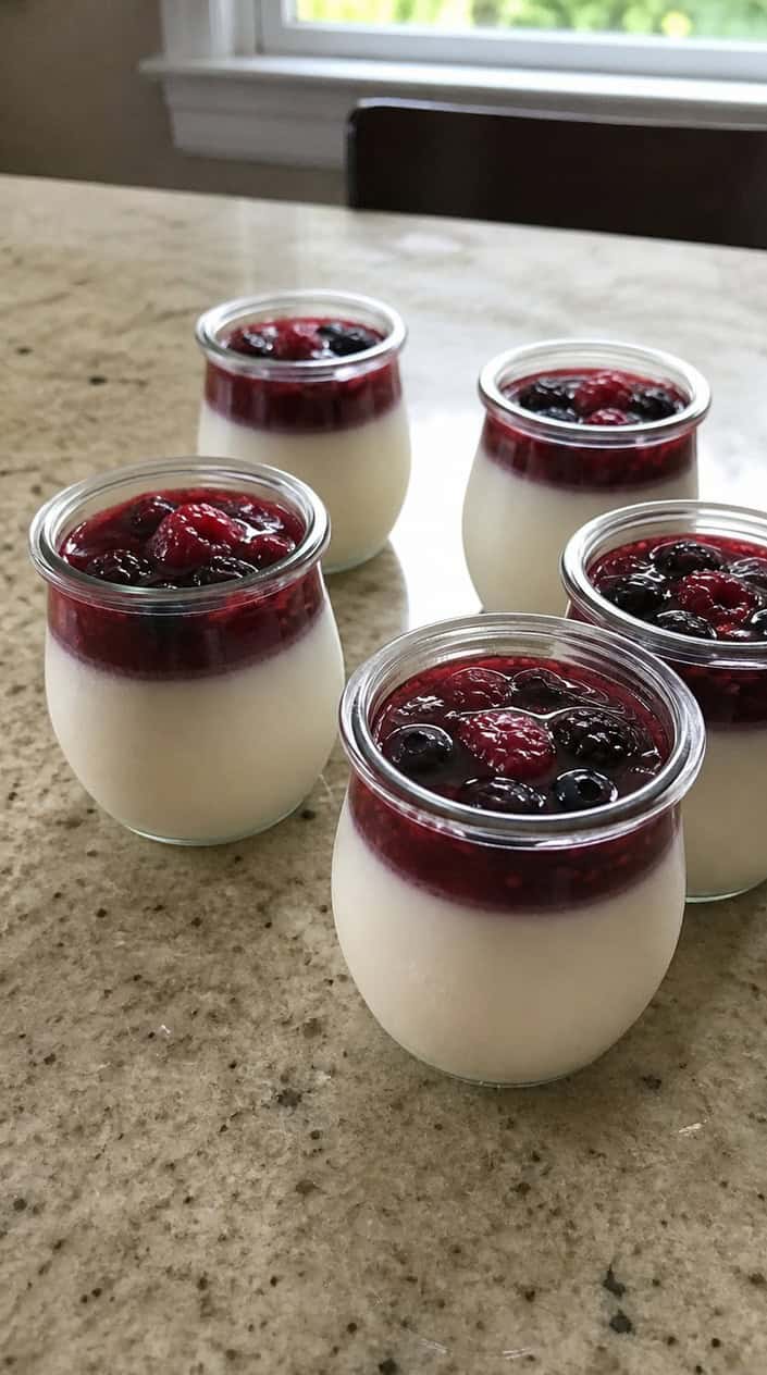 Several small glass jars filled with creamy panna cotta topped with mixed berry compote on a wooden table with scattered fresh berries and mint leaves in warm natural light.