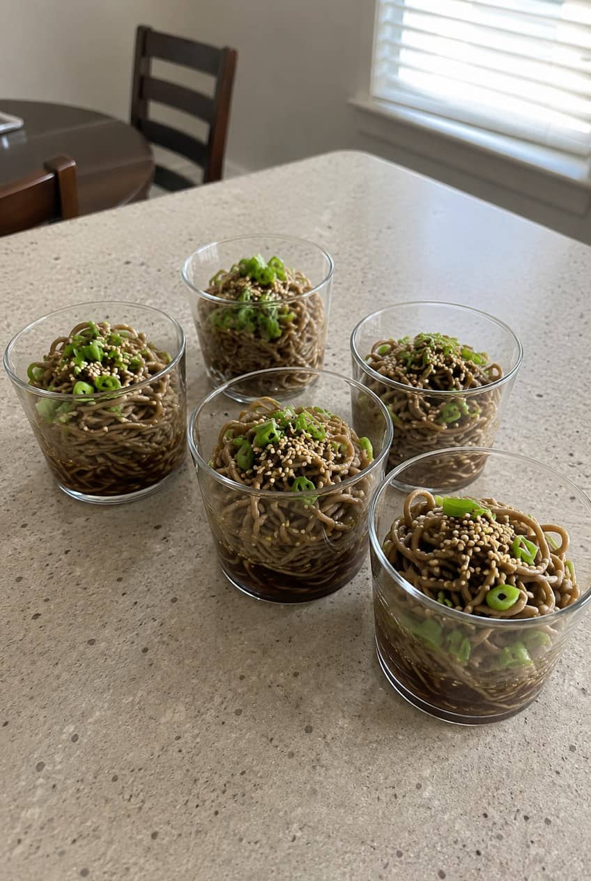 Clear glass cups filled with dark soba noodles tossed in a glossy sesame sauce, topped with thin-sliced green onions and a sprinkle of white sesame seeds on a wooden surface.