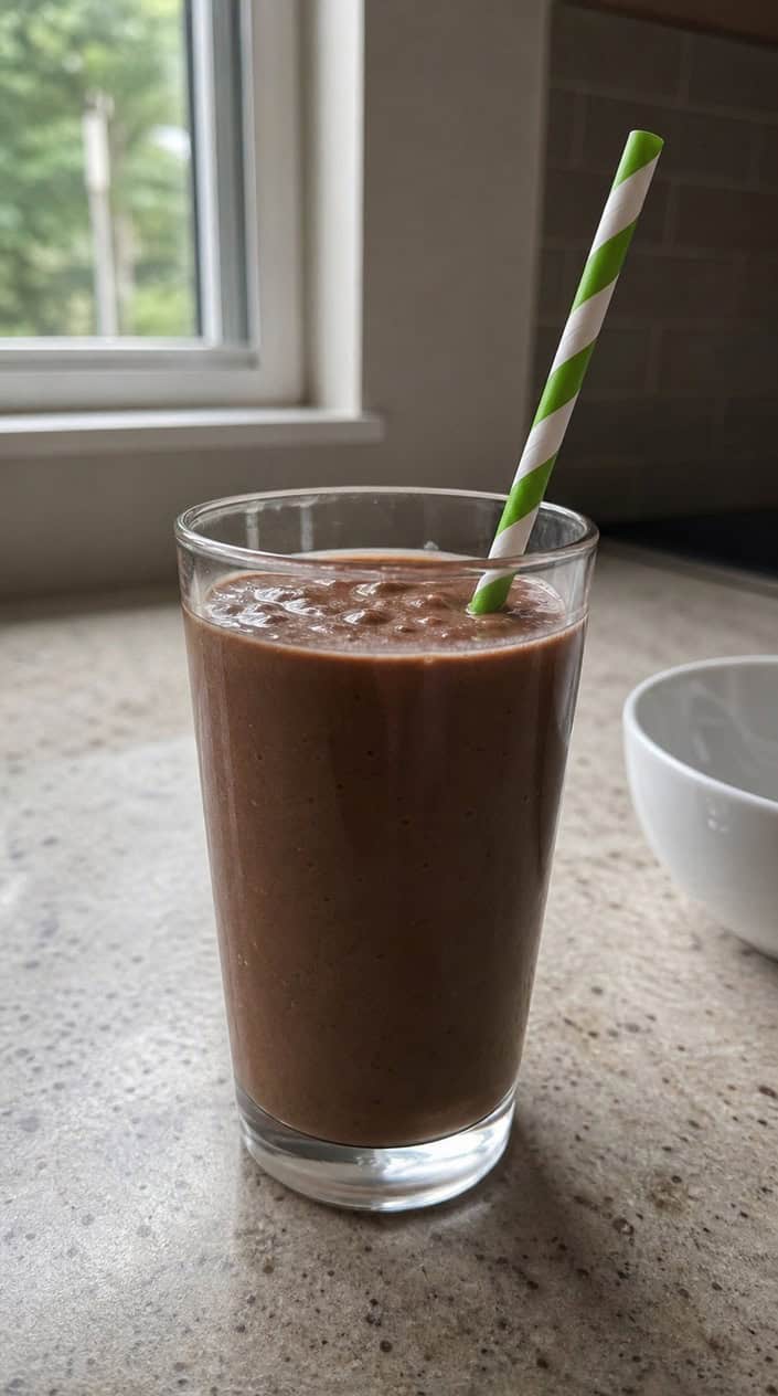 A dark chocolate-brown smoothie in a clear glass set on a rough wooden surface, with a halved ripe avocado and two rough squares of dark chocolate placed beside it.