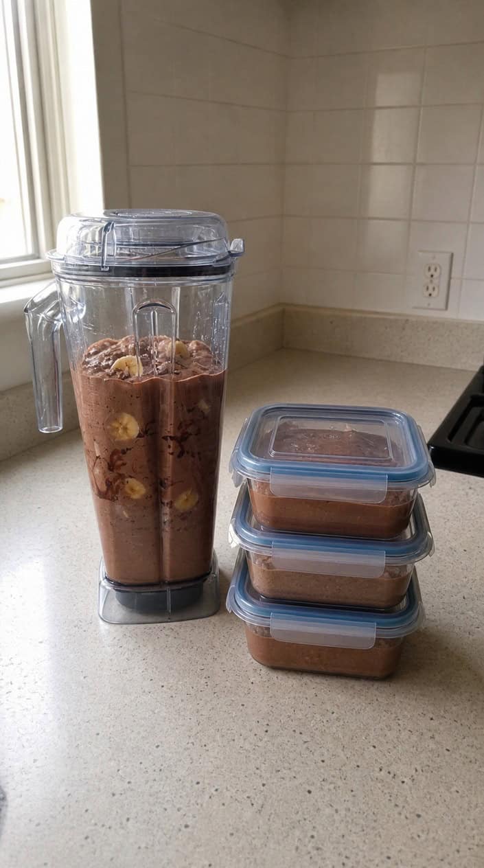 A glass blender filled with chocolate banana pancake batter on a kitchen countertop surrounded by bananas, cocoa powder, and containers of batter ready to freeze.