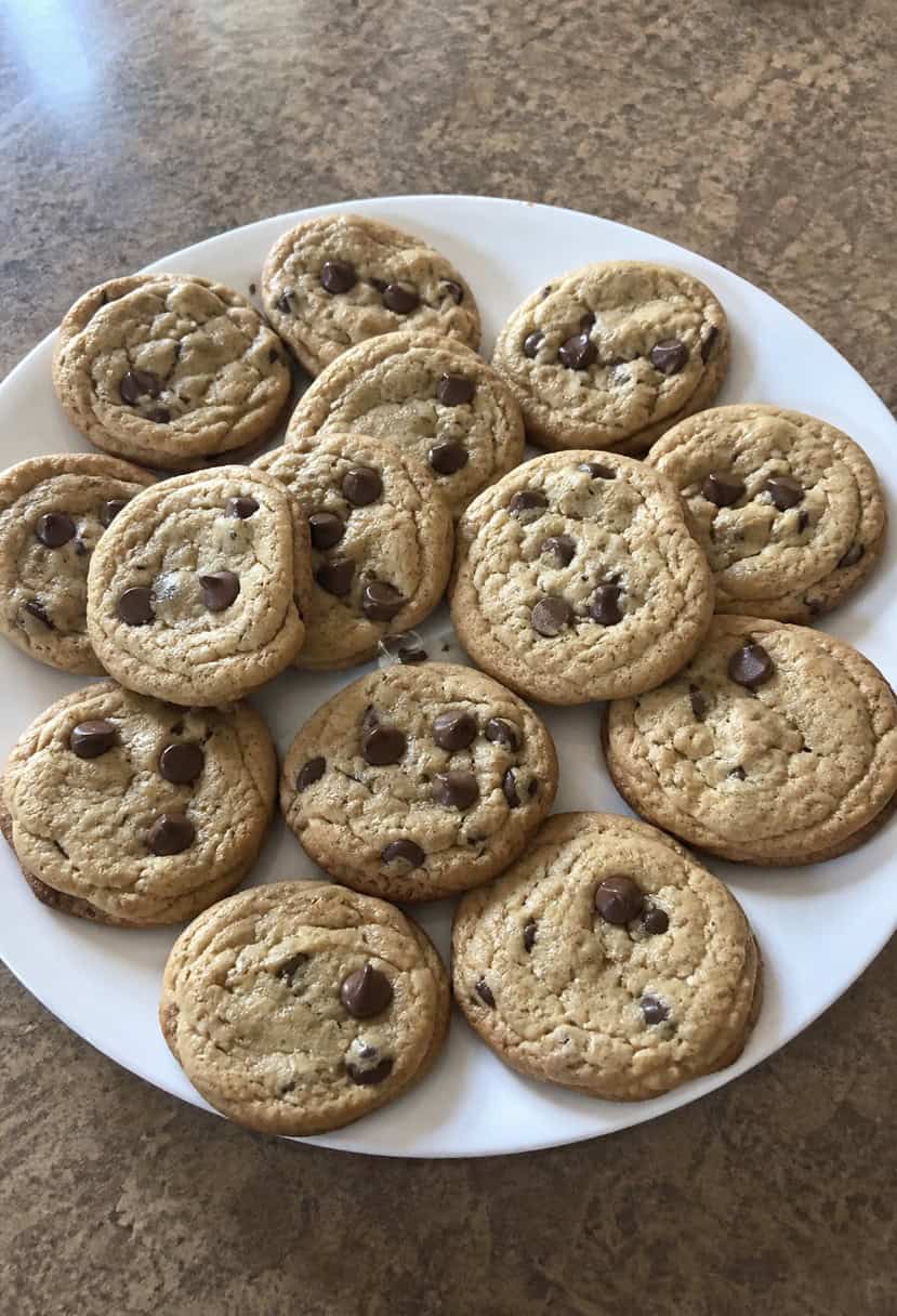 A table covered in freshly baked chocolate chip cookies of various shapes and sizes, surrounded by ingredients and recipe books