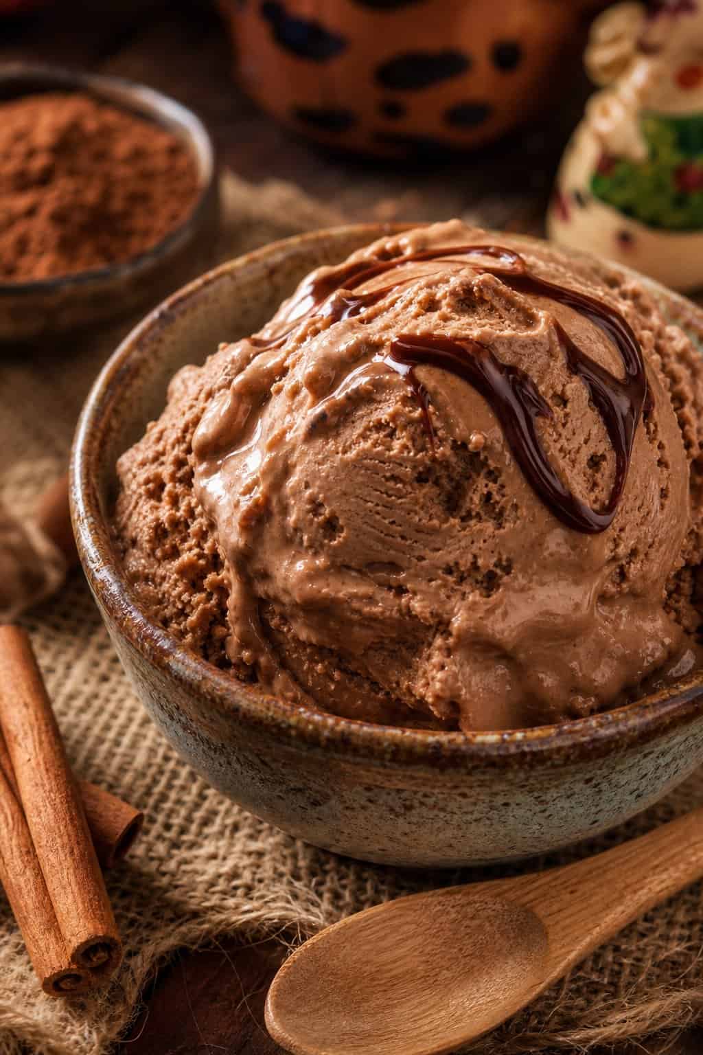 A bowl of chocolate con leche ice cream with cinnamon sticks and cocoa powder on a wooden surface.