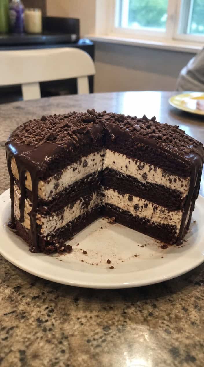A chocolate fudge brownie ice cream cake on a white cake stand with birthday decorations in the background.