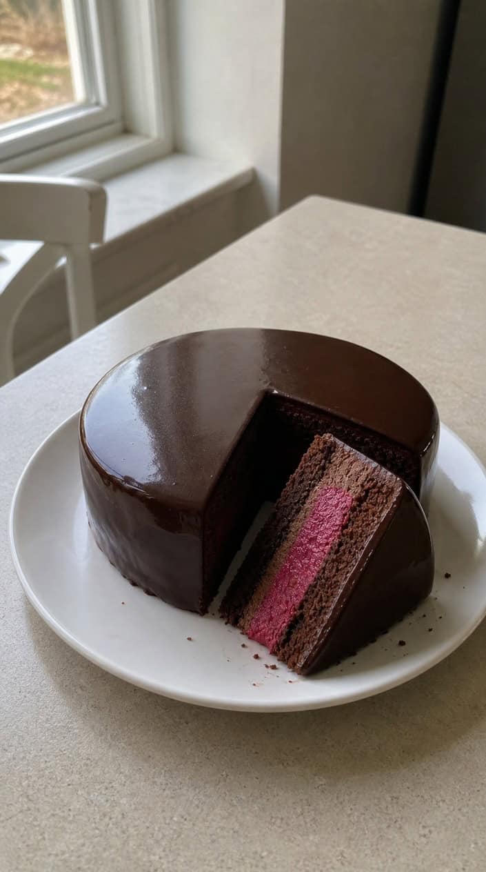 A sliced chocolate cake with a shiny mirror glaze and a single bright colored core inside on a white plate.