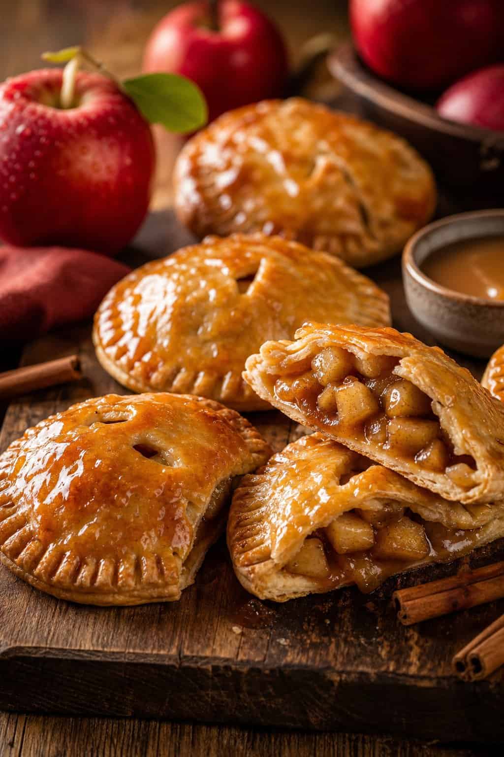 Close-up of golden apple hand pies on a wooden board with fresh apples and cinnamon sticks around them.