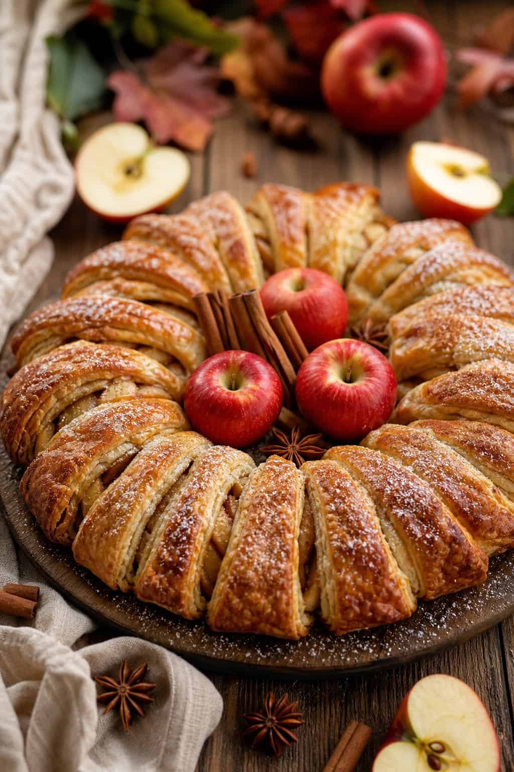 A circular arrangement of cinnamon apple turnovers with fresh apples and cinnamon sticks on a wooden table.
