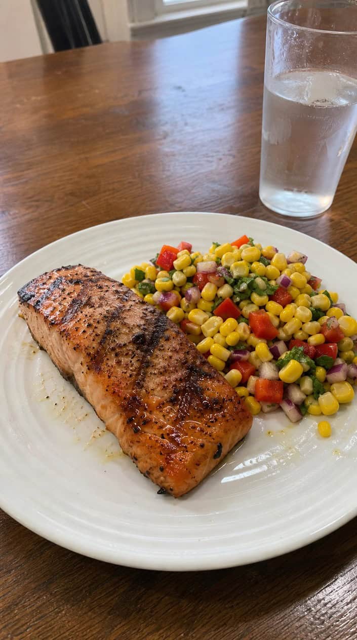 Grilled salmon fillet with citrus marinade served with corn salsa on a plate on a wooden table.
