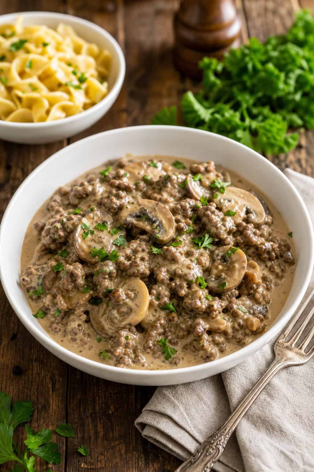 A bowl of beef and mushroom stroganoff with egg noodles on a wooden table, garnished with fresh parsley.