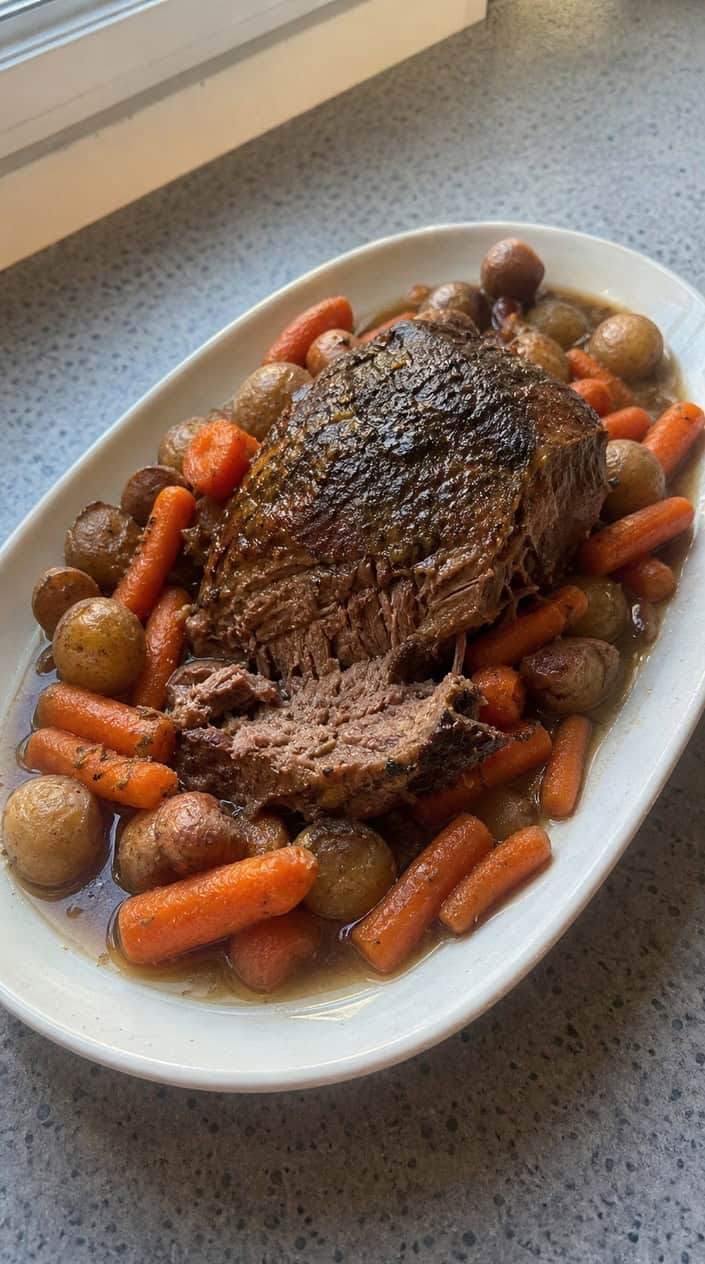 A cooked beef pot roast with carrots and rosemary served in a dish on a wooden table.