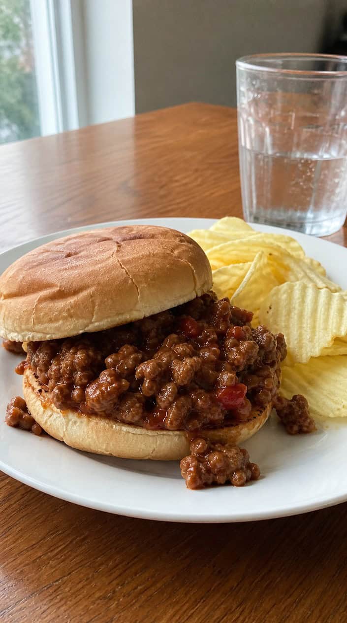 A sloppy joe sandwich on a toasted sesame bun, stuffed with glistening beef and tomato sauce, with whole tomatoes and leafy greens visible on a dark wood surface.