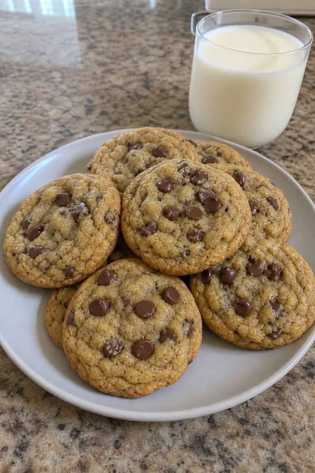 A wooden table with freshly baked banana chocolate chip cookies, ripe bananas, a bowl of chocolate chips, and a glass of milk.