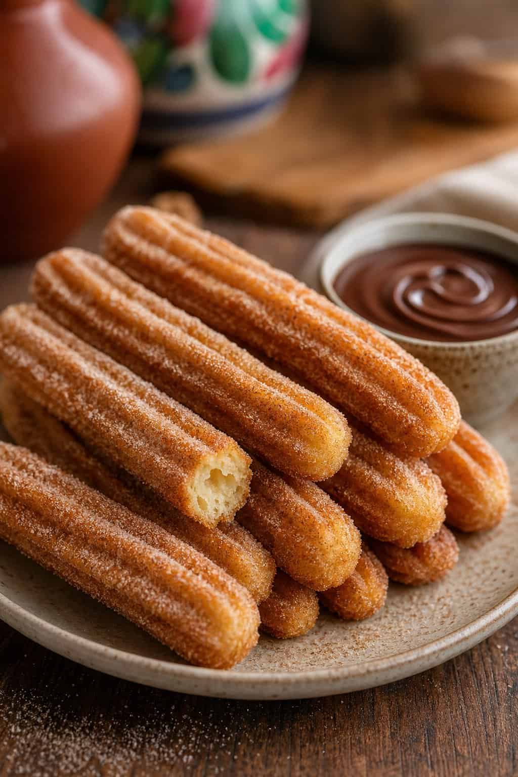 A plate of golden brown churros coated with cinnamon sugar next to a bowl of chocolate dipping sauce on a wooden table.