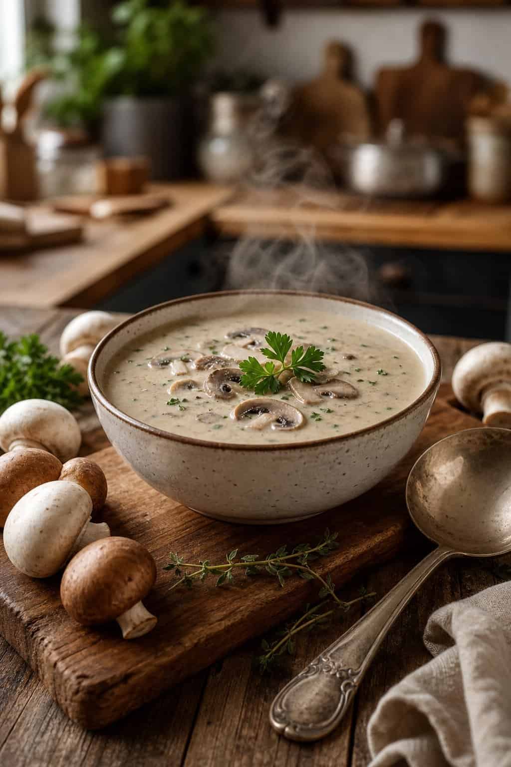 A bowl of creamy mushroom soup garnished with parsley on a wooden table surrounded by fresh mushrooms and herbs.