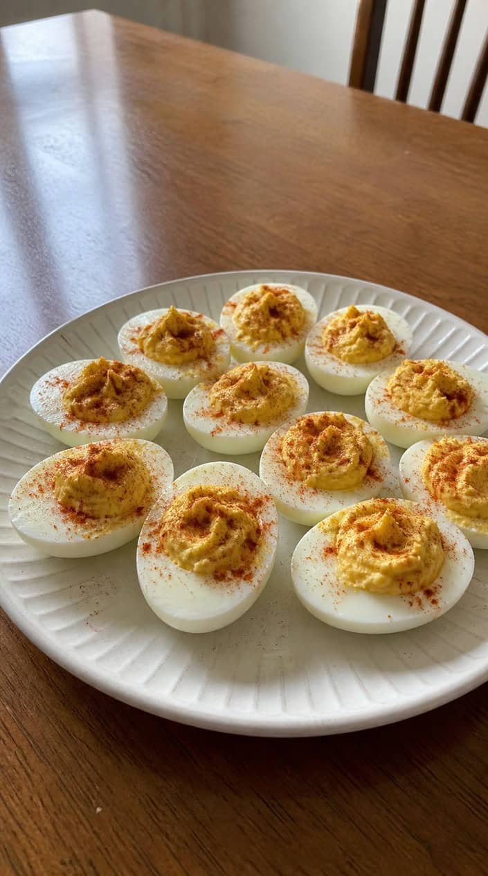 Plate of classic deviled eggs topped with smoked paprika on a wooden table with a backyard gathering in the background.