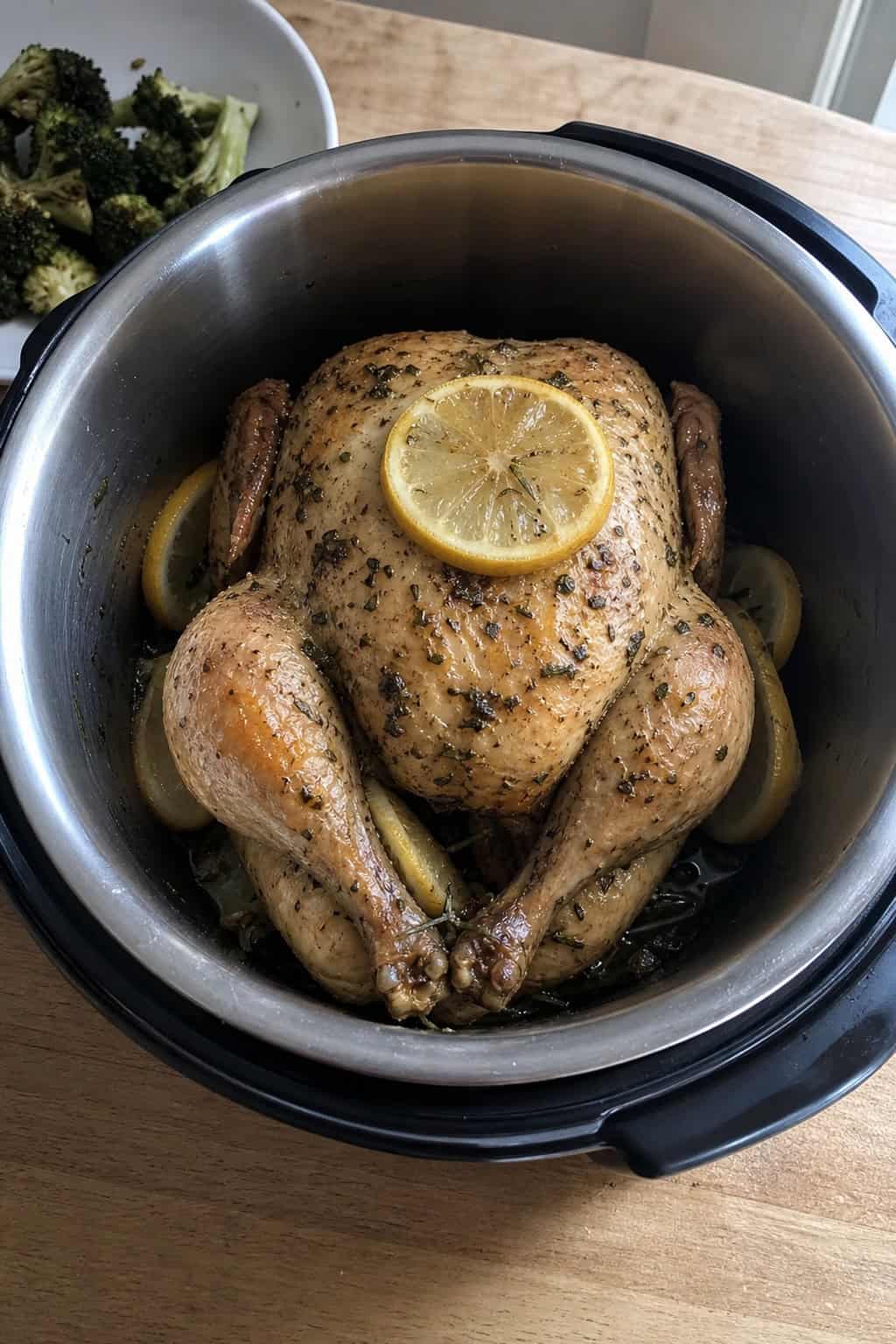 A whole cooked chicken with lemon slices and rosemary inside an Instant Pot on a kitchen countertop surrounded by fresh ingredients.