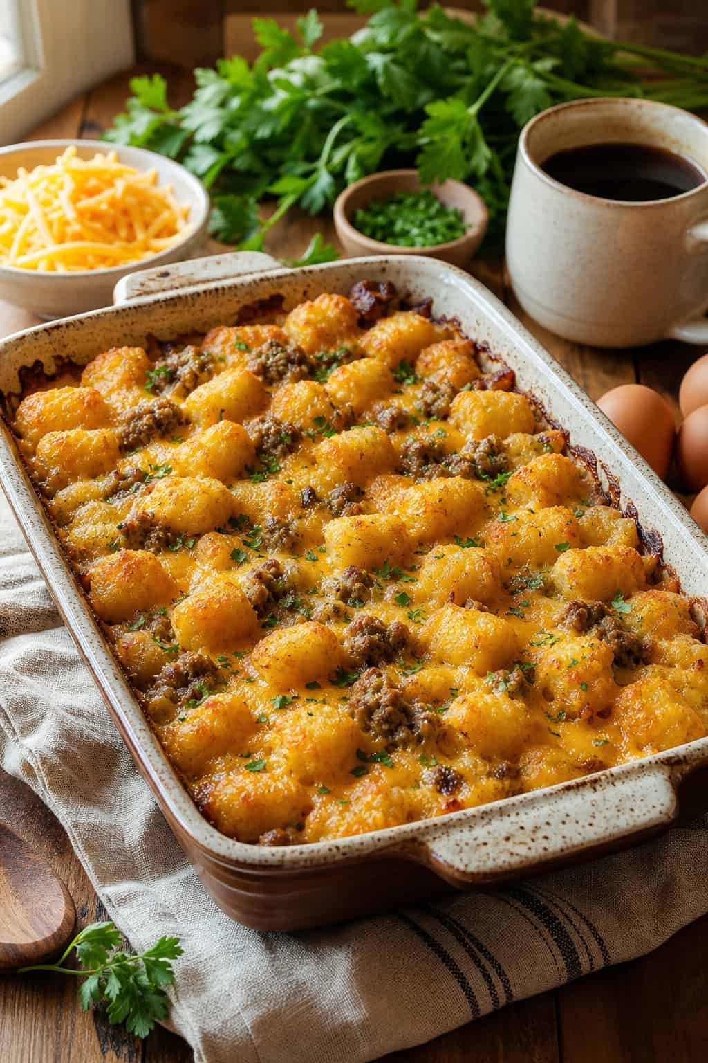 30 Tater Tot Breakfast Casseroles That Feed a Crowd 3 A golden brown sausage and tater tot breakfast casserole in a baking dish on a wooden table with coffee and fresh herbs nearby.