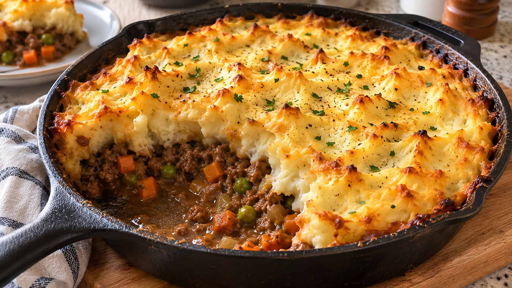 18 Easy Ground Beef Recipes for Weeknight Dinners 19 a finished shepherd's pie in a cast iron skillet with a portion scooped out, golden browned peaks of mashed potato on top, savory ground beef with carrots and peas visible underneath, warm natural kitchen light, casual home cooking