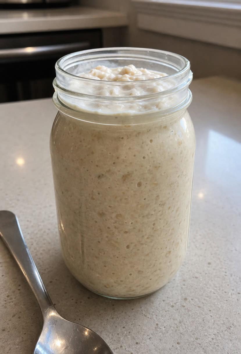 A mason jar filled with creamy vanilla oats, surrounded by scattered oats, vanilla pods, and a spoon. Sunrise light streams through a window onto the scene
